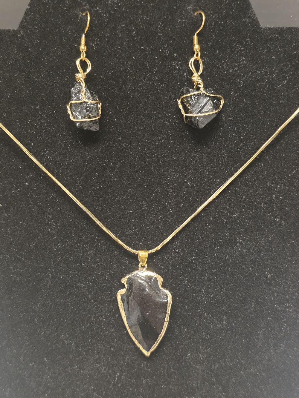 Black Obsidian Arrowhead Necklace and Black Tourmaline Earrings Set